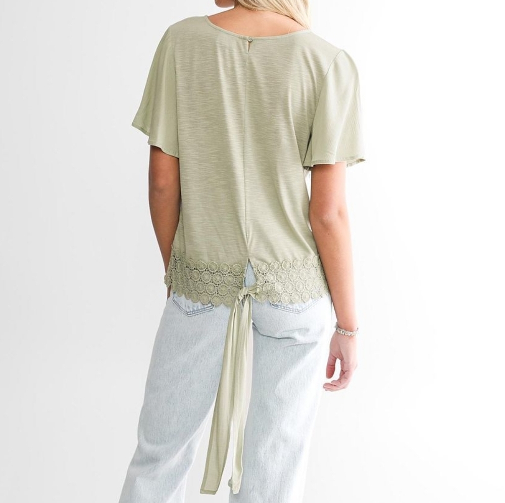Daytrip Applique sage boho crochet women's top, tie back, M - Picture 2 of 8